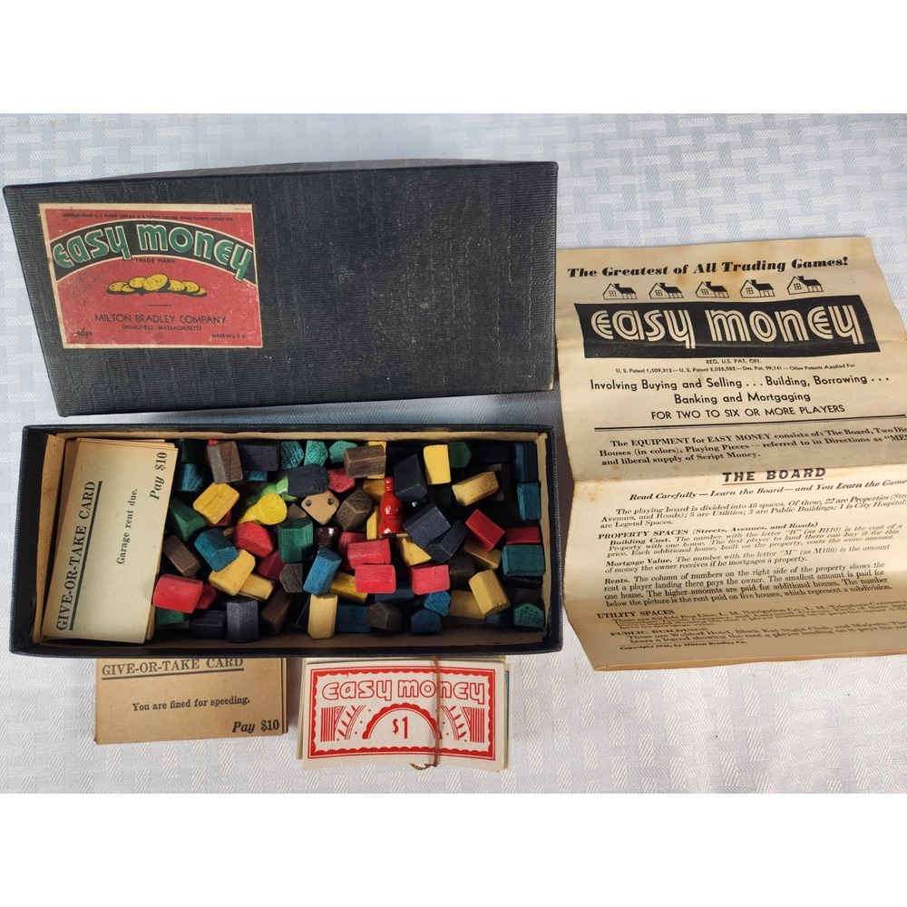 Vtg Easy Money Game 1936 Money, Wooden Game Pieces, Instructions Board Not Inc